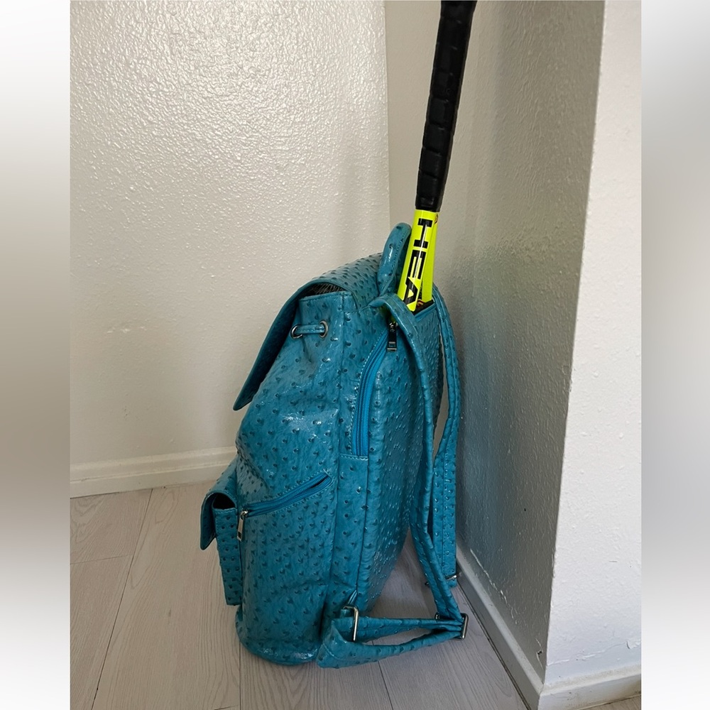 RARE! TENNIS BACKPACK in VEGAN LEATHER (Ostrich). Turquoise Blue! Textured! - Picture 5 of 6